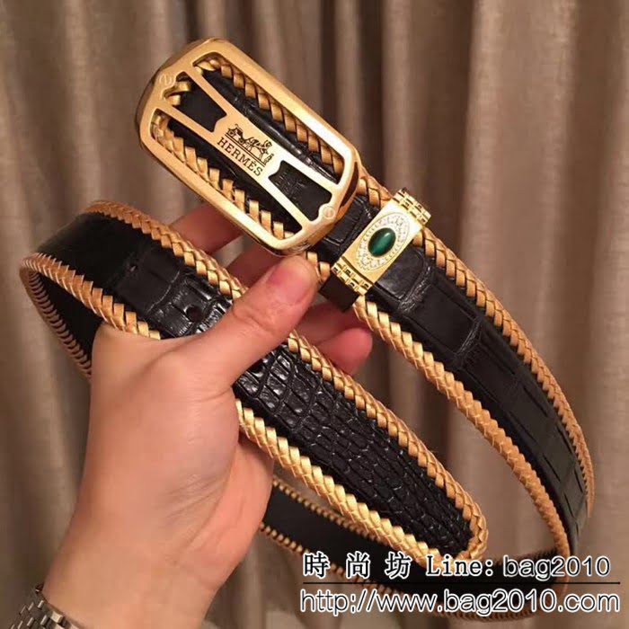 愛馬仕HERMES 純手工編織美洲鱷魚無拼接肚皮 高端男士皮帶 HHG1155